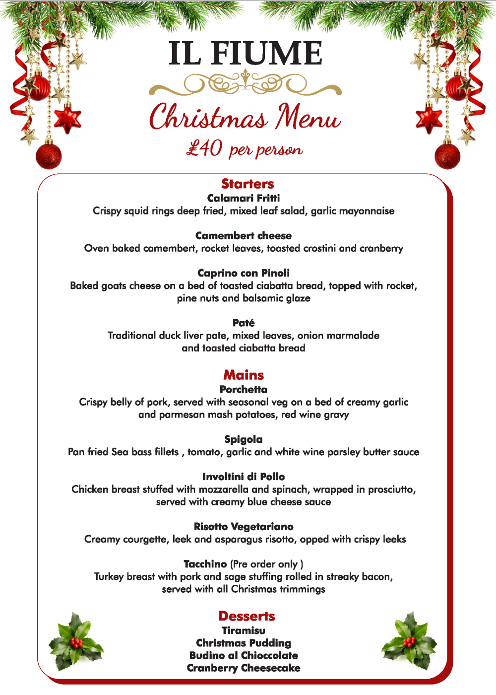 Il Fiume Bradford-on-Avon Christmas Menu 2026